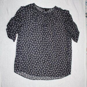 J. Crew Sheer Floral Blue & Gold Blouse Ruched Sleeves Short Sleeve Size Small